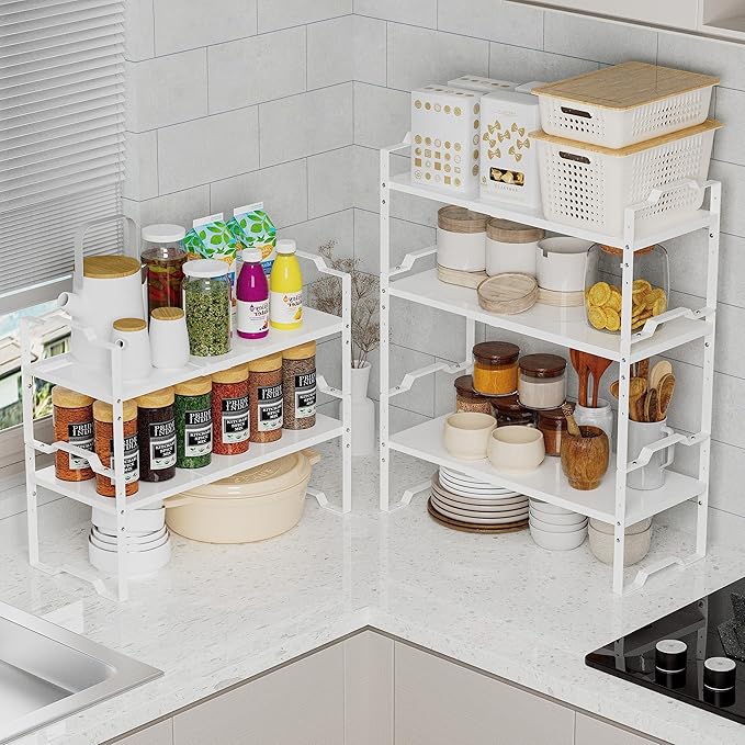 Expandable Shelf for Cabinet Organizer Adjustable Stackable Spice Rack at Kitchen and Bathroom More, Counter Countertop Cupboard Organization Pantry Storage(MEDIUM/2PACKS/WHITE)