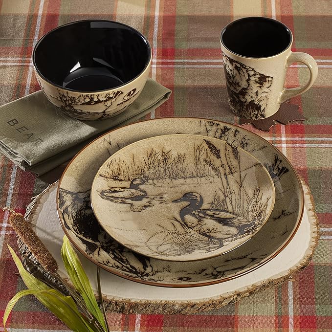Mossy Oak Animal Print 16 Piece Dinnerware Set, Service for 4, Black and Beige