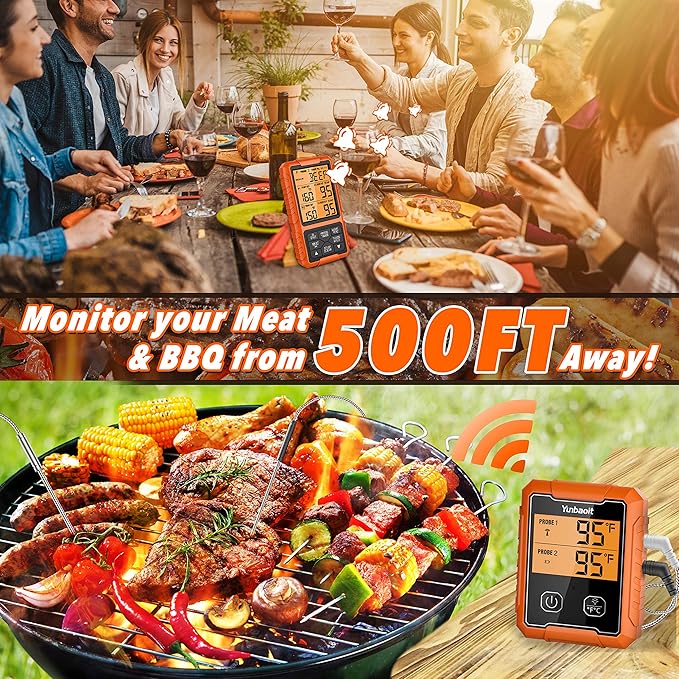 Yunbaoit Wireless Meat Thermometer, Digital Remote Food Cooking Meat Thermometer for BBQ Grill Smoker Oven Kitchen,500 FT Range&Dual Probes