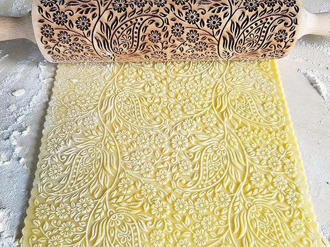 KASHMIR pattern Embossed Rolling Pin. Engraved Dough Roller with Paisley for Embossed Cookies and Pottery by Algis Crafts