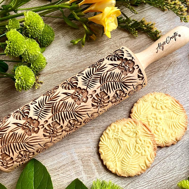RAINFOREST embossing rolling pin with Tropical Pattern. Dough roller for embossed cookies and Pottery by Algis Crafts
