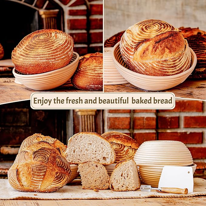Sourdough Bread Baking Supplies Starter Kit, Banneton Proofing Basket 9'' Round, Sourdough Starter Jar, Scraper, Scoring Lame, Brush, Short Danish Whisk, Gift Set